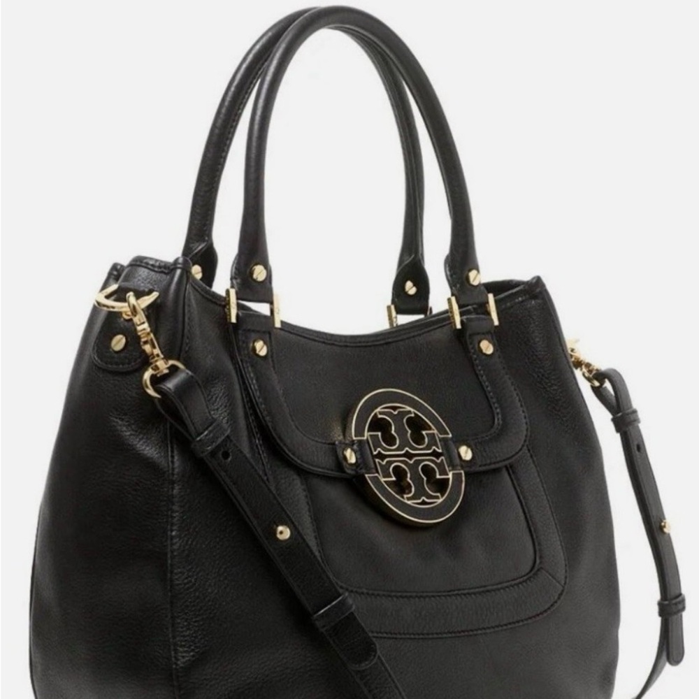 Tory Burch Black Leather Shoulder Bag with Gold Details